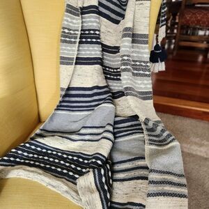 LONDON KAYE Blanket Throw Blue Cotton Blend Textured Stripes Tassles 66 x 50